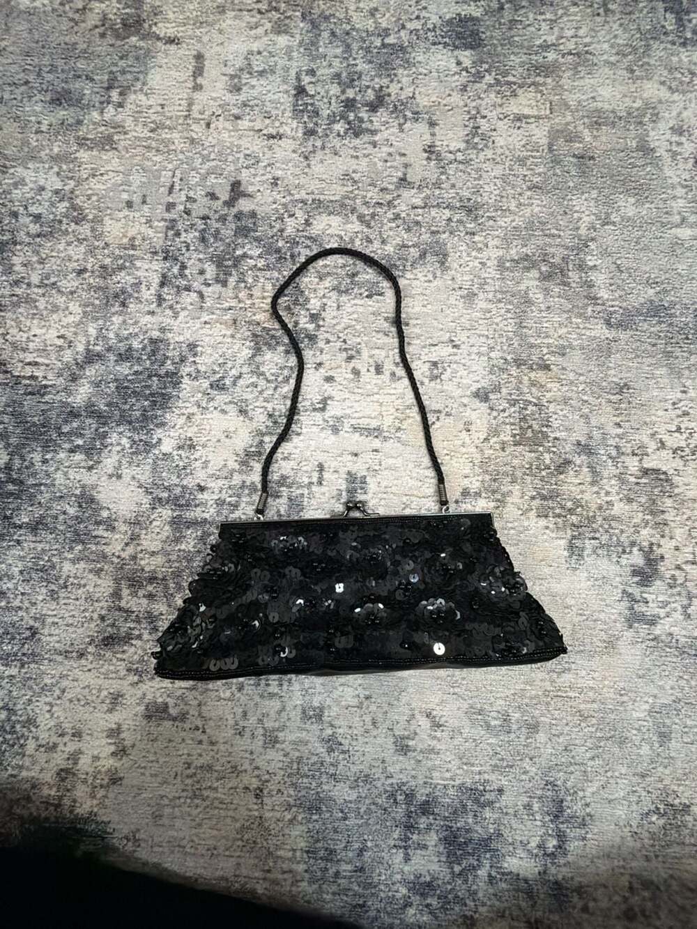 Vintage Black Sequin Kiss Clasp Evening Bag Handbag